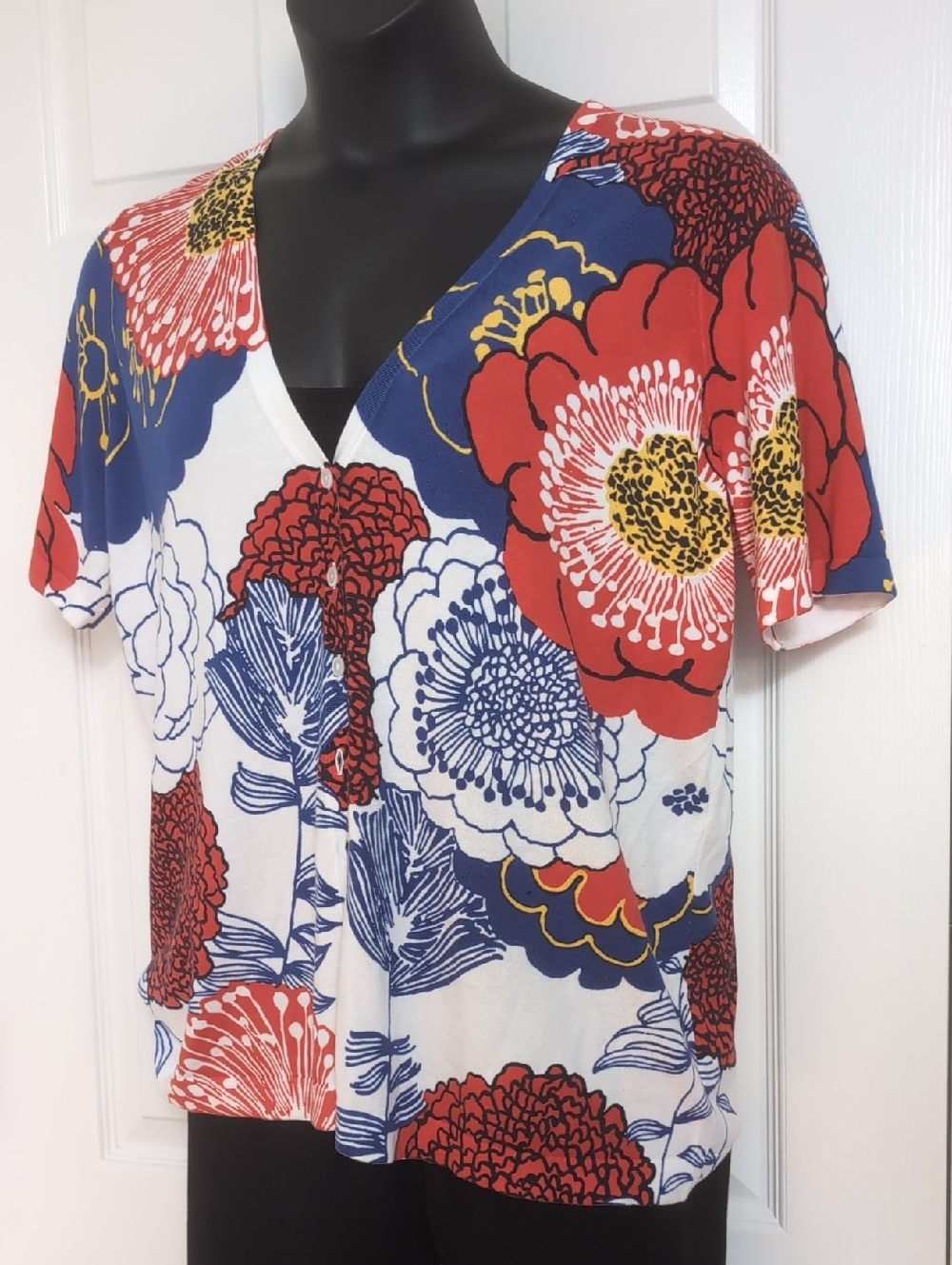 Talbots White Knit Cardigan with Red  and Blue Floral Design